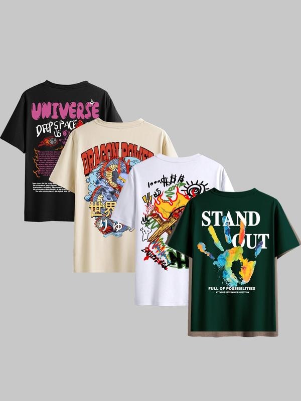 Men's Animal & Letter Print Round Neck Tee, Regular Fit Chinese Graphic Short Sleeve T-shirt for Summer, Casual Men's Top...