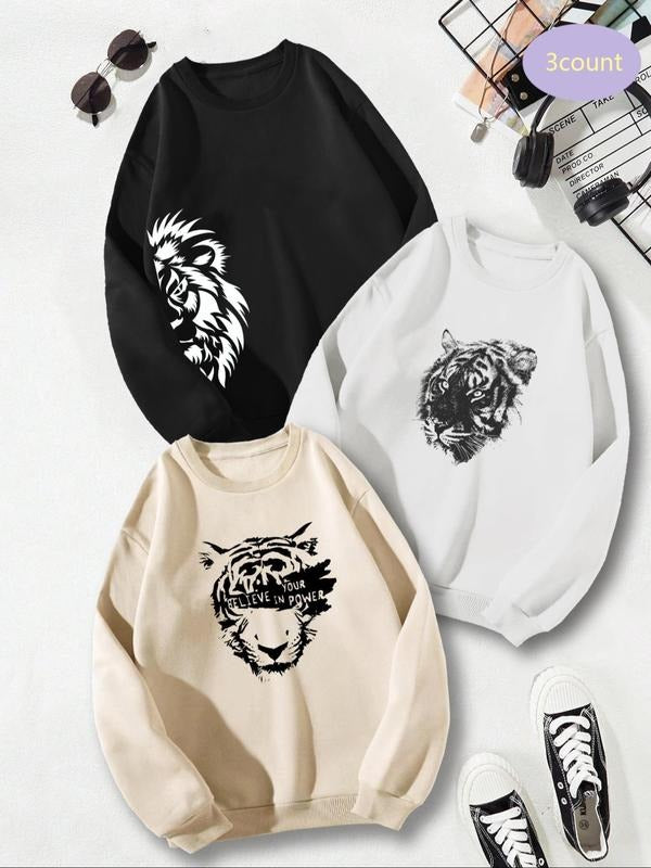 Men's Animals Print Round Neck Sweatshirt, Regular Fit Casual Long Sleeve Pullover for Fall & Winter, Men's Clothes for...