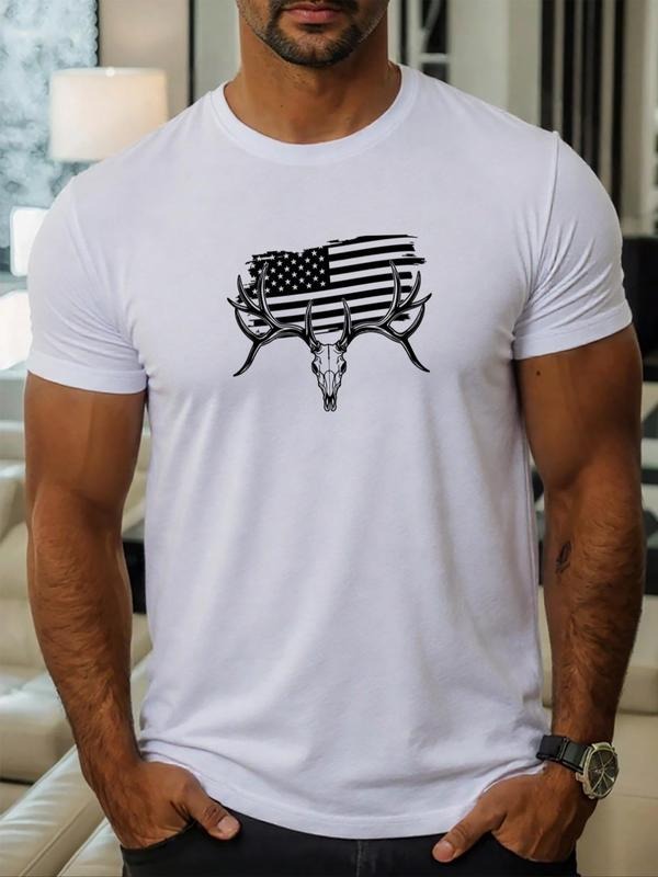 Men's Antler & American Flag Print Round Neck Tee, Regular Fit Casual Short Sleeve Crew Neck T-Shirt for Daily Wear,...
