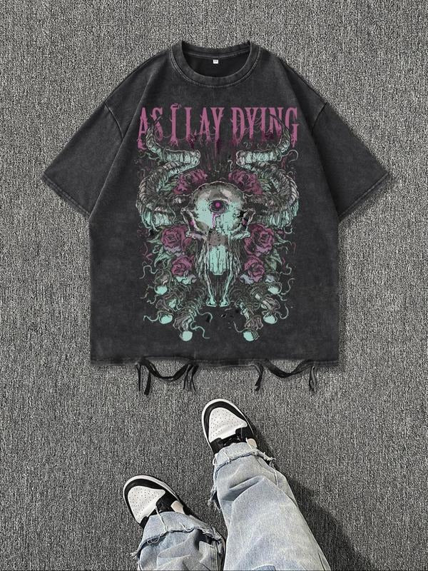 Men's Antler & Rose Print Short Sleeve Graphic Tee, Vintage Trendy Casual Round Neck T-shirt for Daily Wear, Men's Summer...
