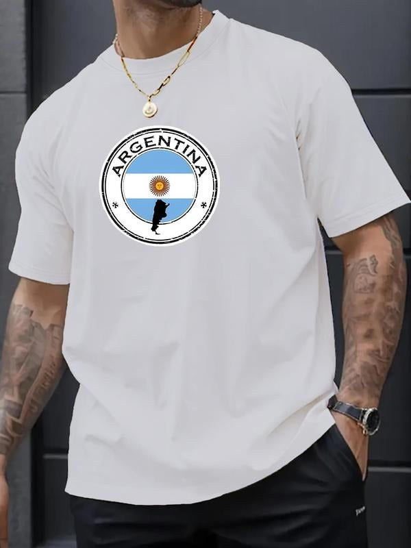 Men's Argentina Flag & Letter Print Short Sleeve Tee, Regular Fit Casual Fashion T-shirt for Daily Wear, Men's Top for...