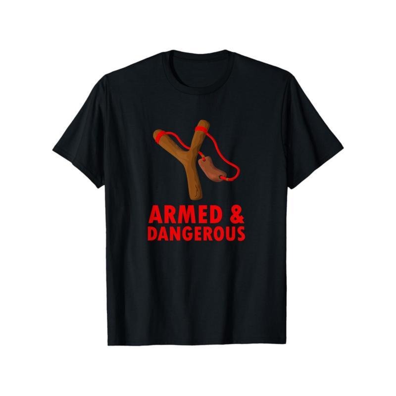 Men's Armed & Dangerous Slingshot Hunting Graphic T-Shirt - 100% Cotton Relaxed Fit Casual Tee with Bold Red Print,...