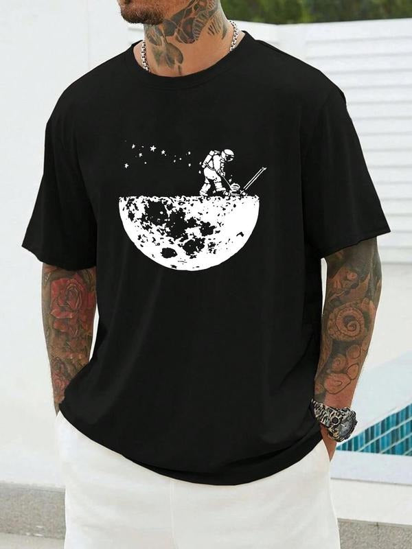 Men's Astronaut & Moon Print Round Neck Tee, Loose Casual Fashion Short Sleeve T-shirt for Daily Wear, Men's Top for All...