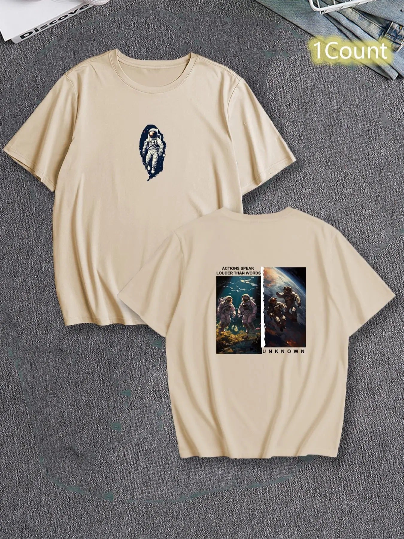 Men's Astronaut Print Drop Shoulder Tee, Regular Fit Casual Street Short Sleeve Round Neck T-Shirt for Summer, Men's Top...