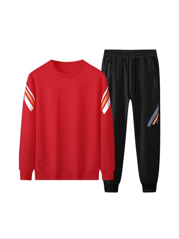 Men's Autumn Casual Fitted Hoodies Set, Fashionable Daily Wear Pullover Sweatshirts Two-Piece Suit, Spring & Fall T-Shirts