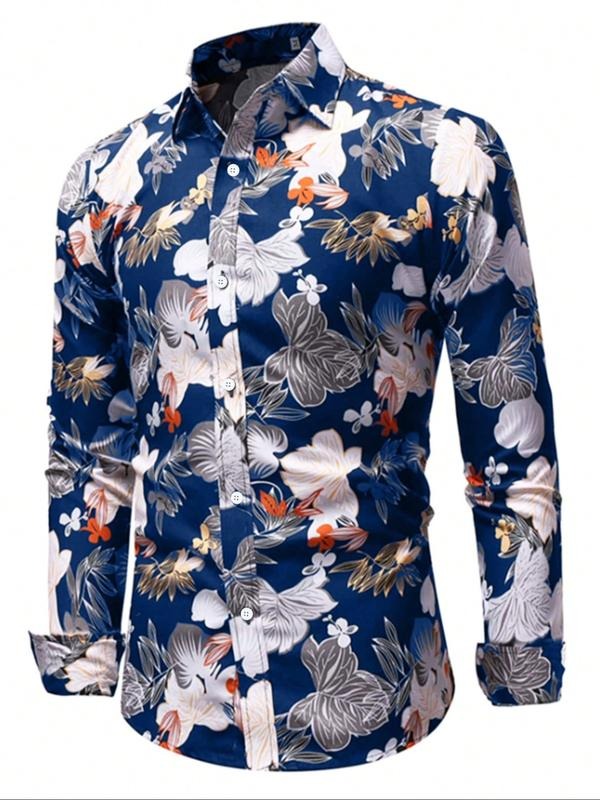 Men's Autumn Casual Regular Fit Printed Long Sleeve Shirt, Leaf Element Design, Line Pattern, Woven Fabric, All Seasons...