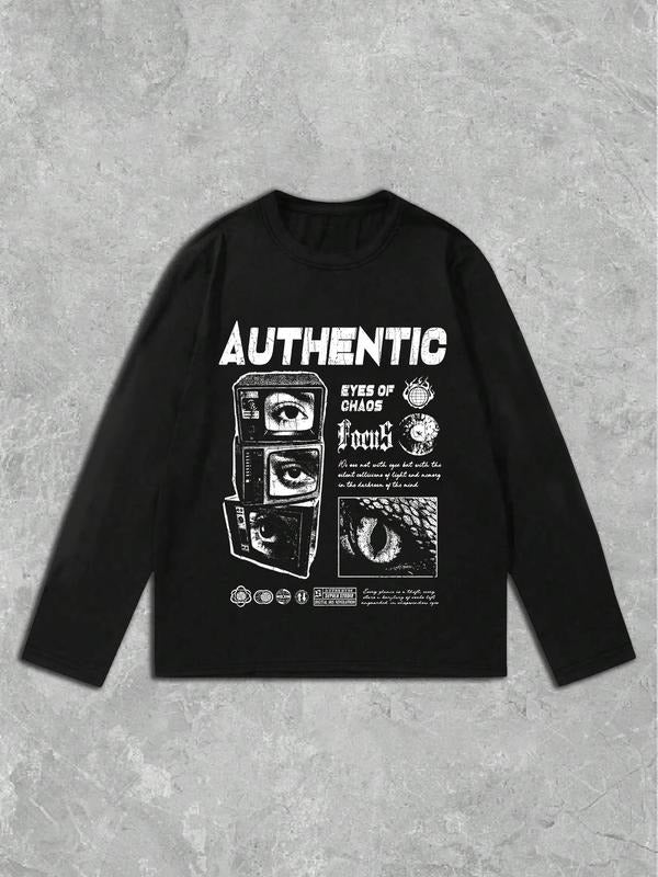 Men's Autumn Casual Round Neck Long Sleeve T-Shirt, Stylish Graphic Print, Fitted Thin Fabric, Perfect for Daily Wear &...