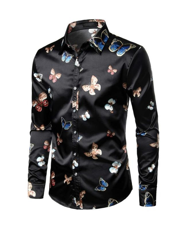 Men's Autumn Fashion Casual Regular Long Sleeve Shirt, Insect Print Pattern, Woven Fabric, Fitted Style, All Seasons Wear...