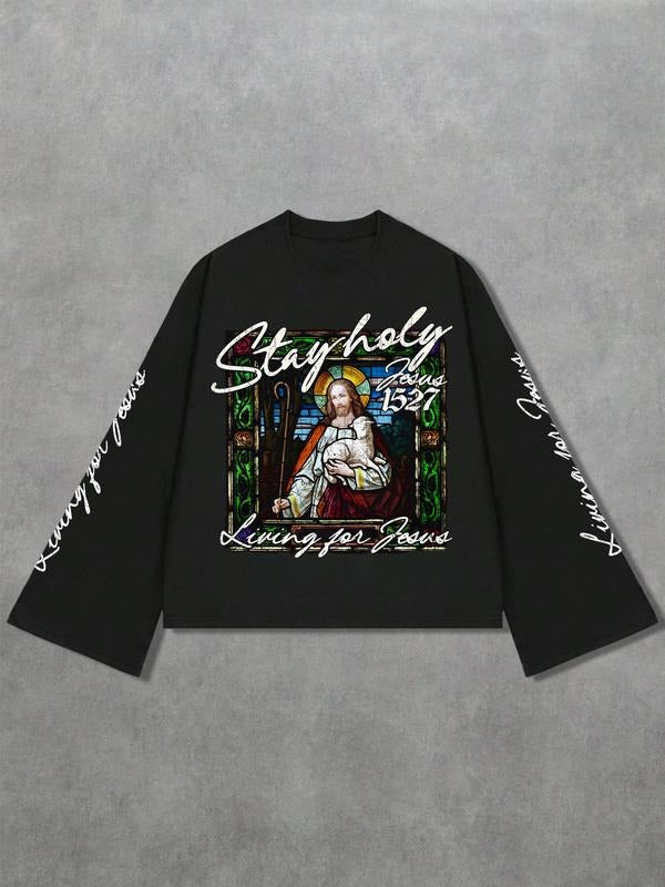 Men's Autumn Pullover Sweatshirt, Religious Print Design, Text Embellishments, Retro Style, Casual Fashion for Trendy Men...