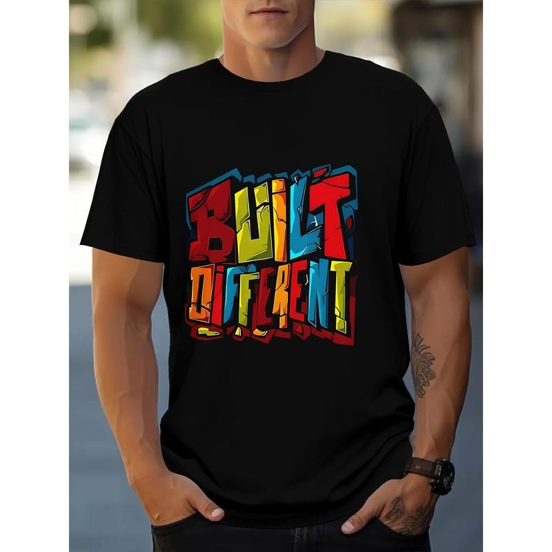 Men's BUILD DIFFERENT Graphic Print T-shirt, Short Sleeve Crew Neck Tee, Men's Clothing For Summer Outdoor Hoodie, Sweatshirt