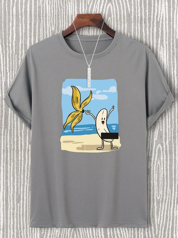 Men's Banana Print Round Neck Tee, Regular Fit Casual Short Sleeve T-shirt for Summer, Men's Top for Daily Wear, Tropical...