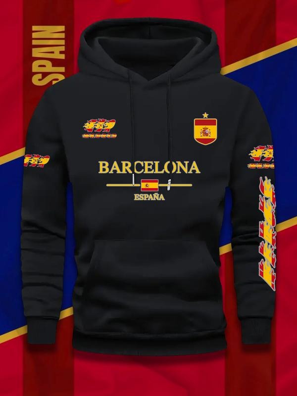 Men's Barcelona Logo & Spanish Flag Hoodie, Catalonian Badge Fanwear, Football Jersey Style, Winter Warm, Casual Fitted...