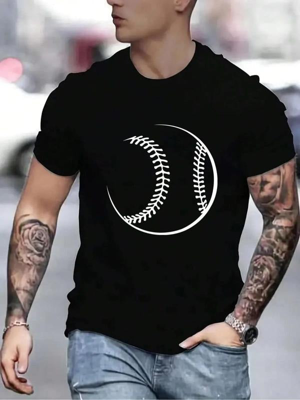 Men's Baseball Print Round Neck Tee, Regular Fit Casual Short Sleeve Crew Neck T-Shirt for Daily Wear, Men's Top for All...