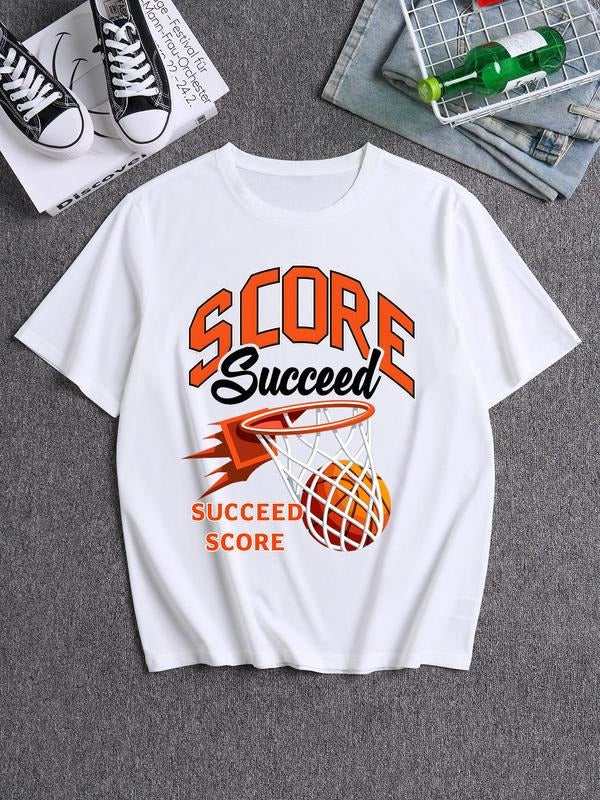 Men's Basketball Graphic Print Drop Shoulder Crew Neck Tee, Loose Casual Comfy Short Sleeve Round Neck T-shirt for Daily...