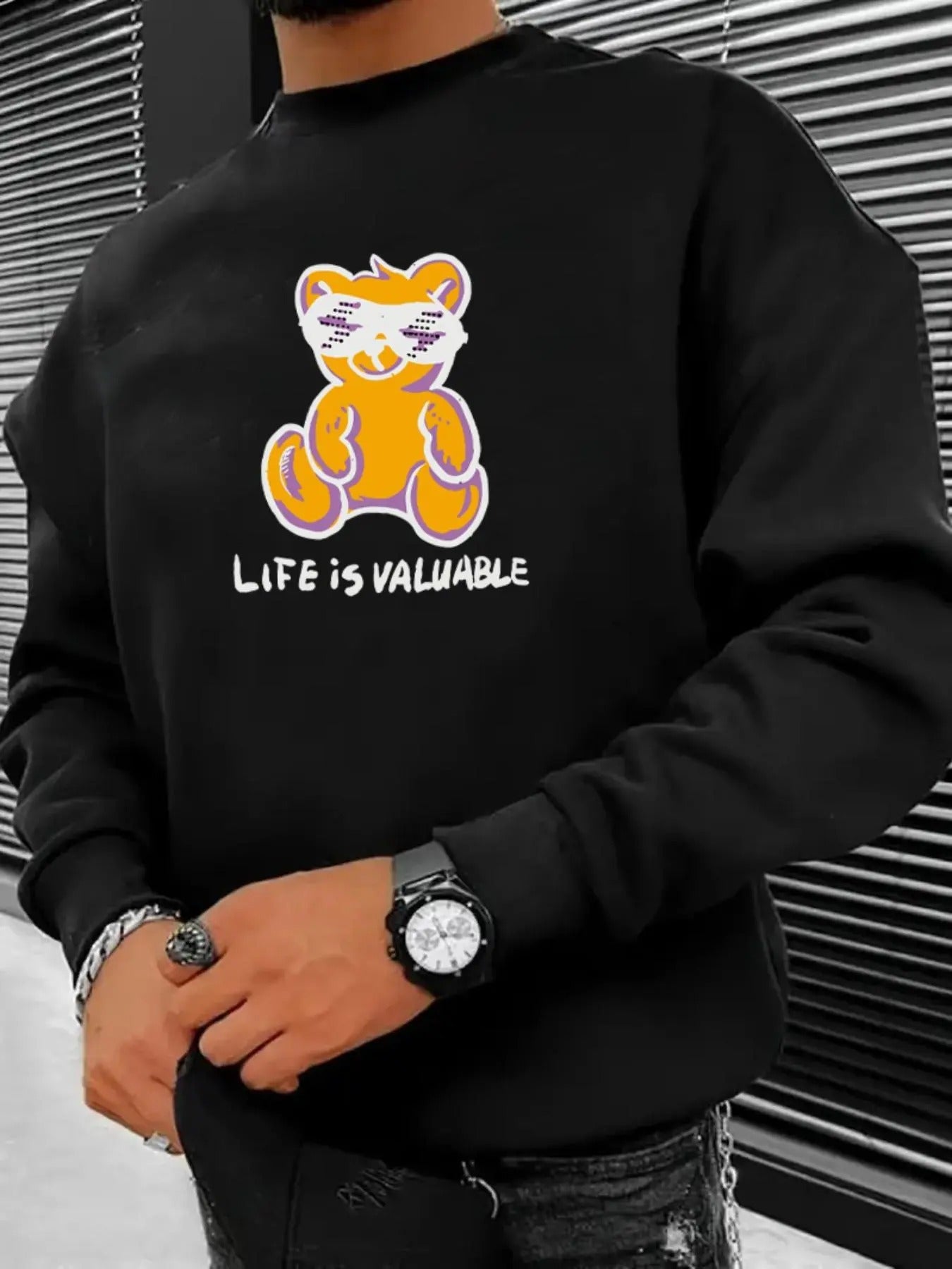 Men's Bear & Letter Print Drop Shoulder Sweatshirt, Regular Fit Casual Soft Comfy Long Sleeve Round Neck Pullover for...