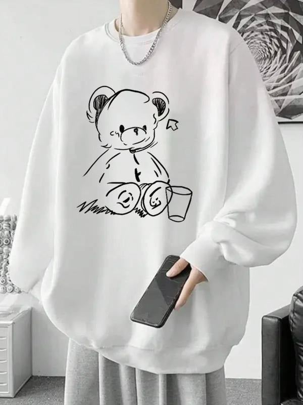 Men's Bear  Print Drop Shoulder  Thermal Lined Sweatshirt, Regular Fit Casual Soft Comfy Long Sleeve Round Neck Pullover...