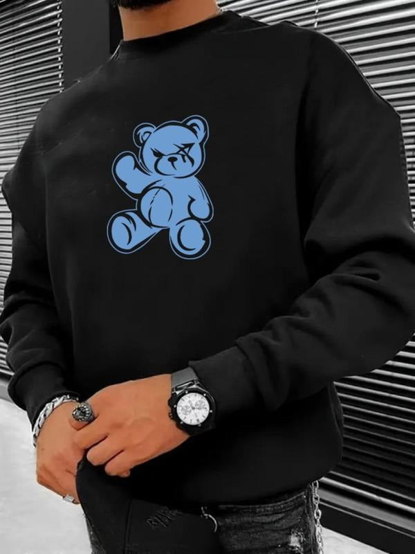 Men's Bear Print Drop Shoulder Sweatshirt, Regular Fit Casual Long Sleeve Round Neck Pullover for Daily Wear, Men's Top...