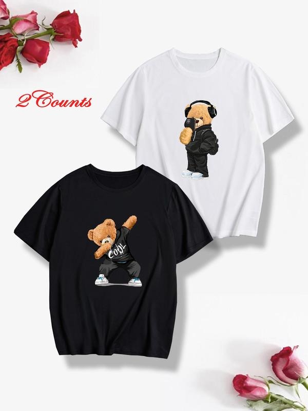 Men's Bear Print Short Sleeve Tee, Loose Casual Fashion Round Neck T-shirt for Daily Wear, Men's Summer Tops Hoodie,...