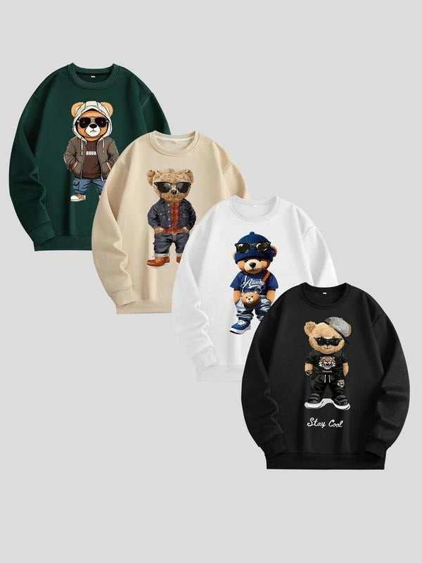 Men's Bear Print Thermal Lined Sweatshirt, Casual Regular Fit Long Sleeve Round Neck Pullover for Fall & Winter, Men's...