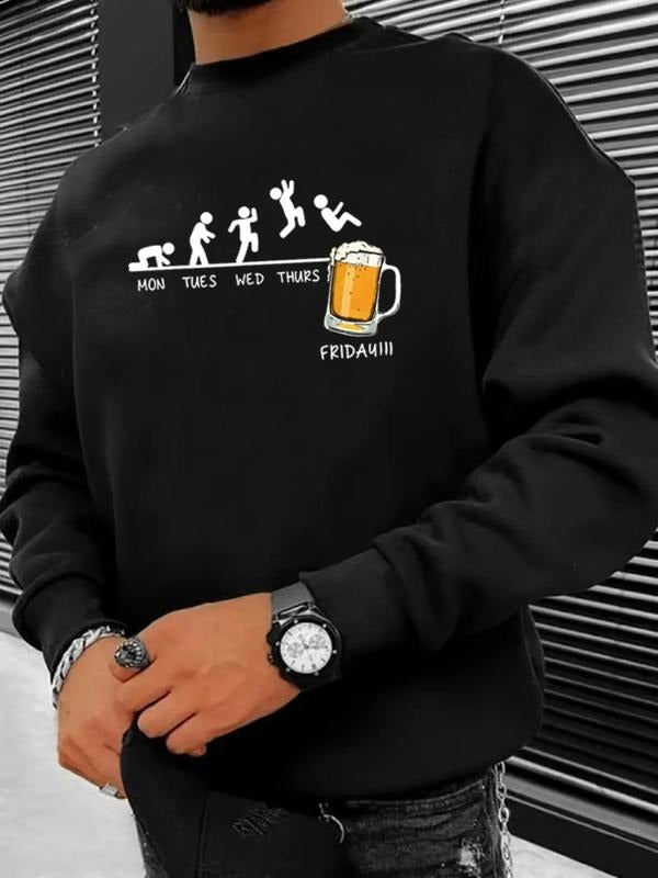 Men's Beer & Letter Print Drop Shoulder Sweatshirt, Regular Fit Casual Soft Comfy Long Sleeve Round Neck Pullover for...