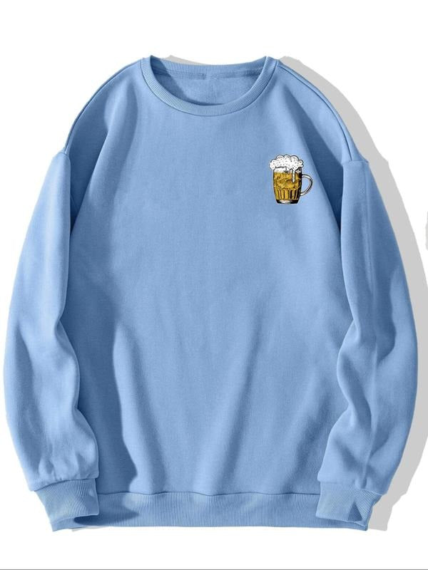 Men's Beer & Letter Print Drop Shoulder Sweatshirt, Regular Fit Casual Soft Comfy Long Sleeve Round Neck Pullover for...