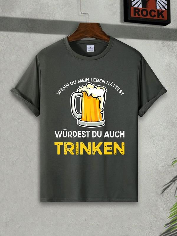Men's Beer Print Round Neck Tee, Regular Fit Casual Short Sleeve Crew Neck T-Shirt for Summer, Men's Top for Daily Wear,...