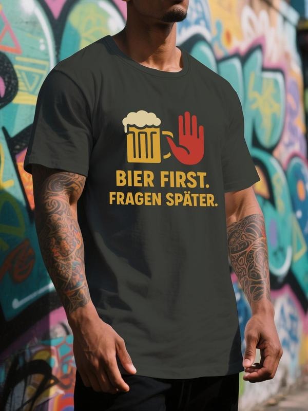 Men's Beer Print Round Neck Tee, Regular Fit Casual Short Sleeve Crew Neck T-Shirt for Summer, Men's Top for Daily Wear,...