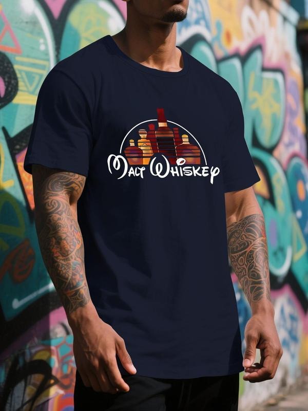 Men's Beer Whiskey Print Round Neck Tee, Regular Fit Casual Short Sleeve T-shirt for Summer, Men's Top for Daily Wear,...