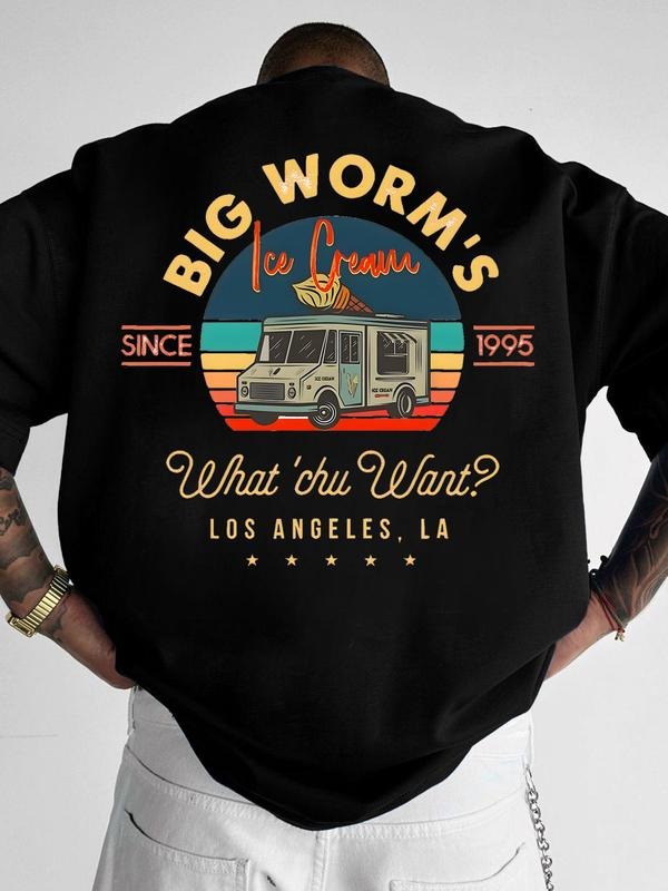 Men's Big Worm Ice Cream Graphic T-Shirt, Casual Short Sleeve Top with Retro Slogan Print, Essential for Graphic Tee...