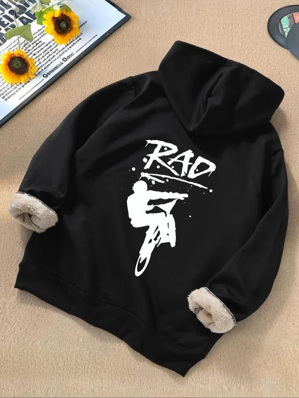 Men's Biker Rider & Letter Print Thermal Lined Hoodie, Casual Comfy Long Sleeve Hooded Sweatshirt for Fall & Winter,...