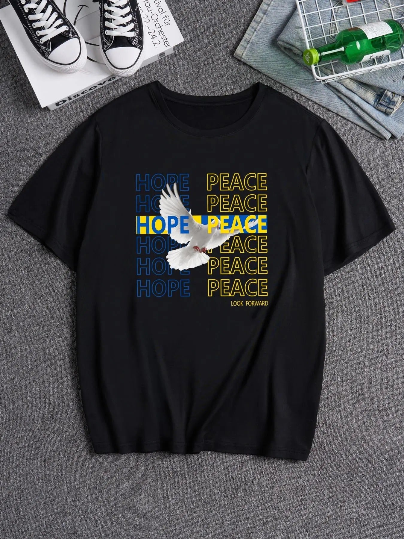 Men's Bird & Letter Print Round Neck Tee, Loose Casual Fashion Short Sleeve T-shirt for Summer, Men's Top for Daily Wear...