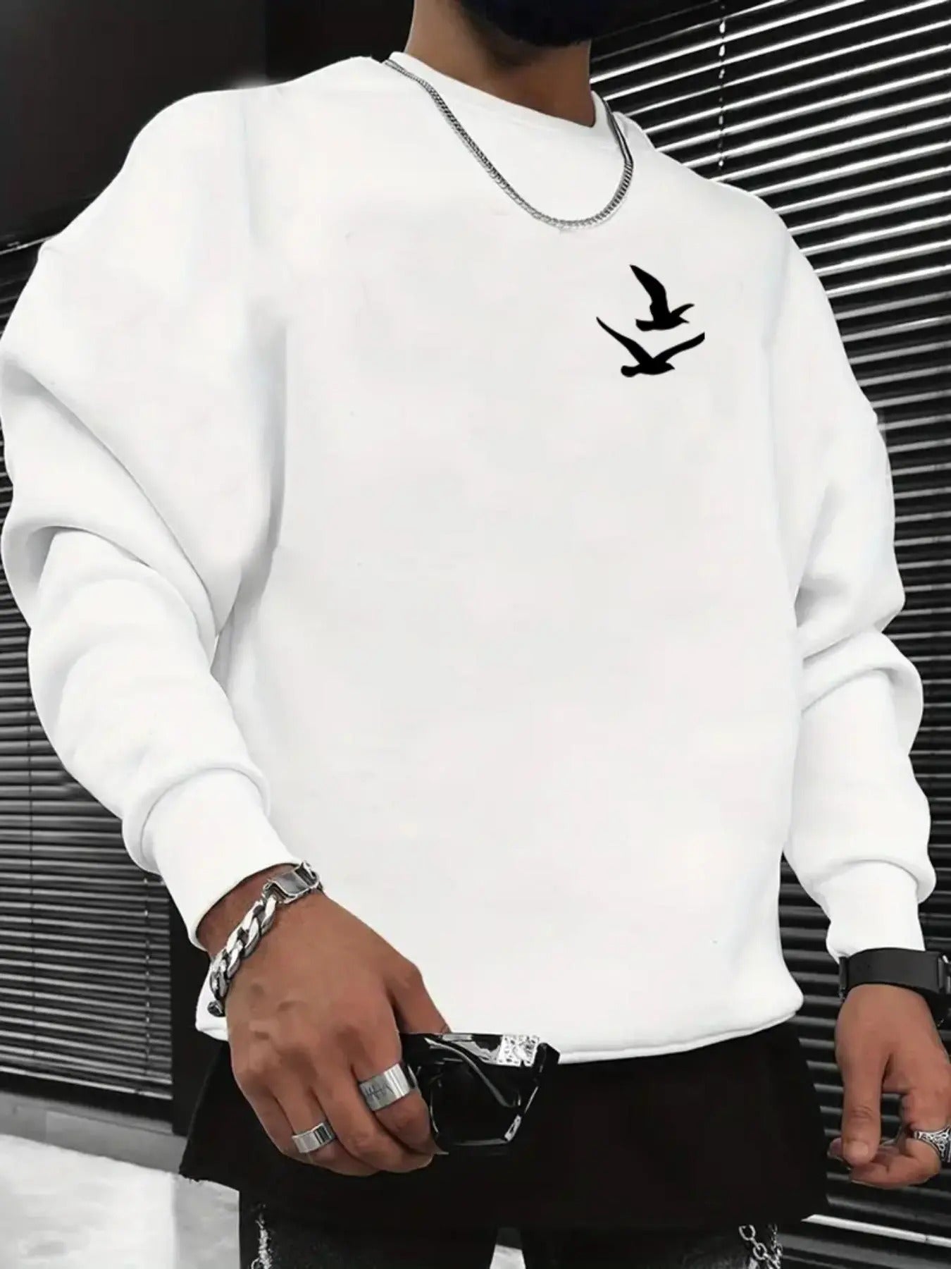 Men's Bird Print Round Neck Sweatshirt, Regular Fit Casual Fashion Long Sleeve Pullover for Daily Wear, Men's Top for All...