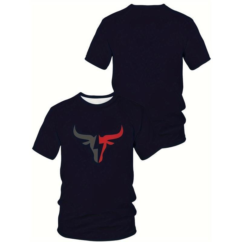 Men's Bull Graphic Print T-shirt, Casual Short Sleeve Crew Neck Tee, Men's Clothing For Summer Outdoor Hoodie, Sweatshirt