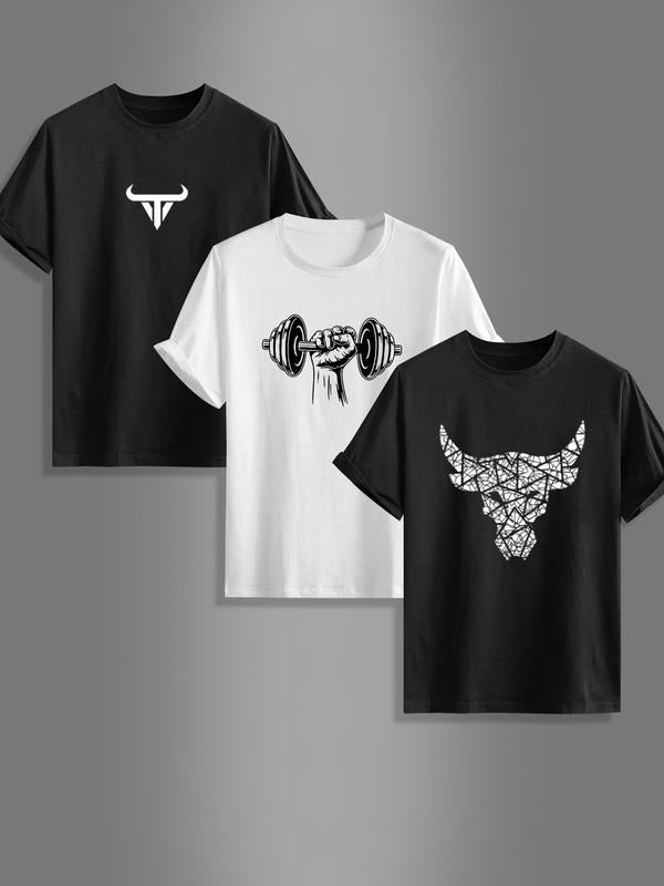 Men's Bull Head Print Round Neck Tee, Regular Fit Casual Short Sleeve Crew Neck T-shirt for Summer, Fashion Men's Top for...