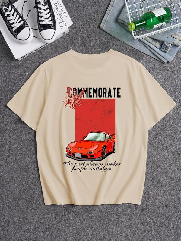 Men's Butterfly & Car & Letter Print Round Neck Tee, Loose Street Fashion Short Sleeve T-shirt for Summer, Men's Top for...