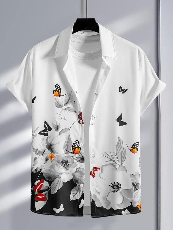 Men's Butterfly & Floral Print Short Sleeve Shirt, Regular Fit Casual Comfy Top for Summer, Men's Clothes for Beach...