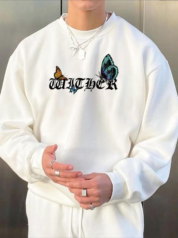 Men's Butterfly & Letter Print Drop Shoulder Sweatshirt, Regular Fit Casual Long Sleeve Round Neck Pullover for Fall &...