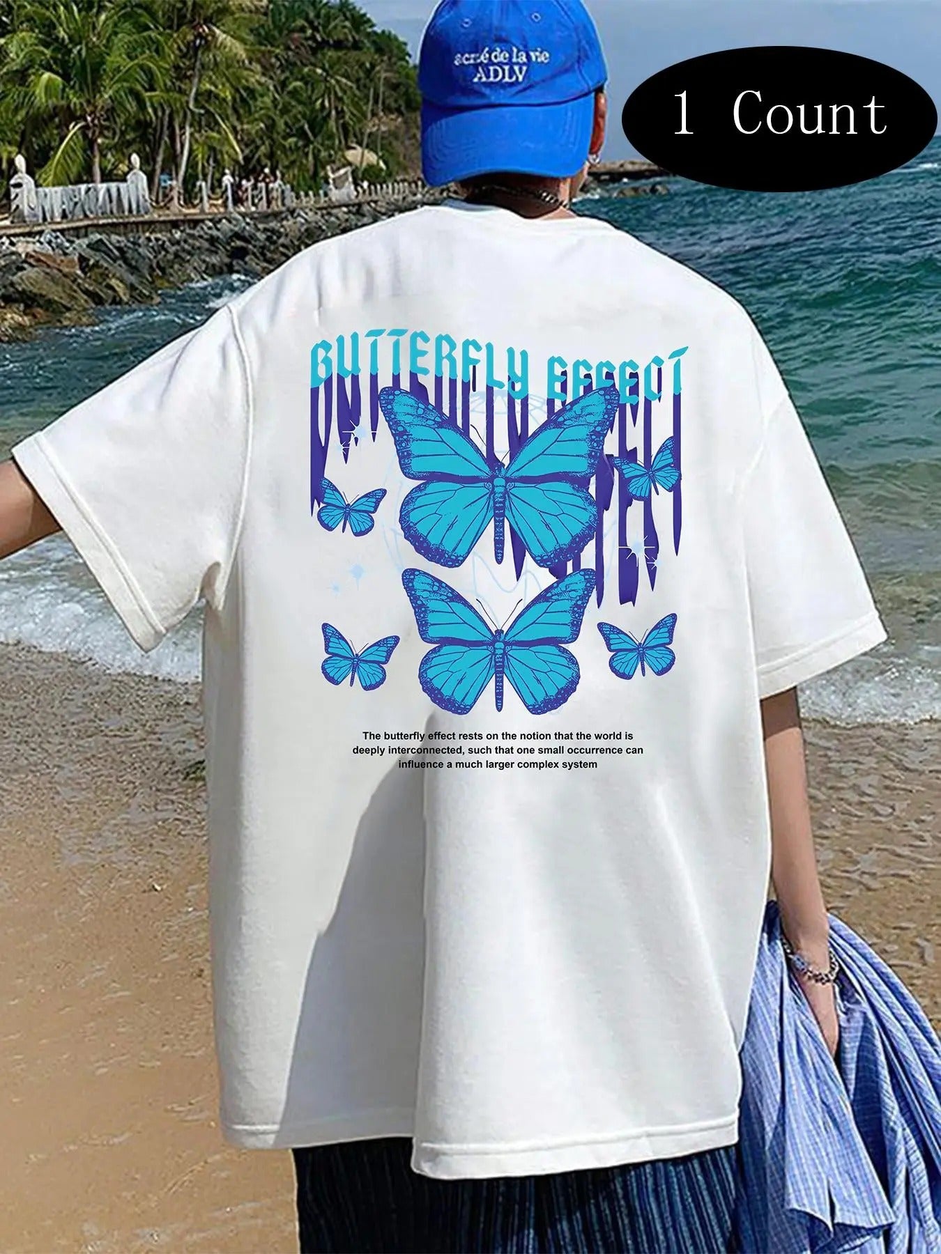 Men's Butterfly & Letter Print Drop Shoulder Tee, Regular Fit Casual Comfy Round Neck Half Sleeve T-Shirt for Summer,...