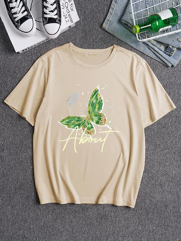 Men's Butterfly & Letter Print Round Neck Tee, Loose Casual Fashion Short Sleeve T-shirt for Summer, Men's Top for Daily...