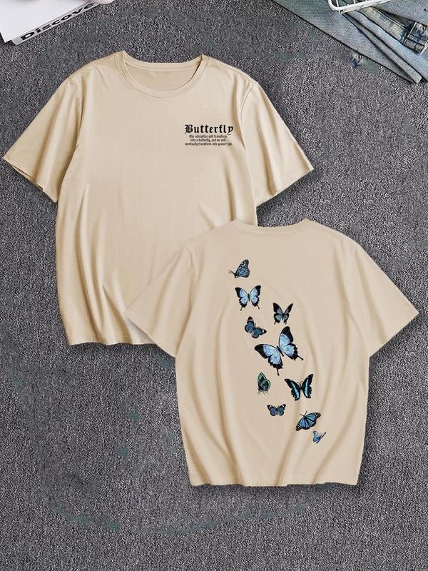 Men's Butterfly & Letter Print Round Neck Tee, Loose Street Fashion Drop Shoulder Half Sleeve T-shirt for Summer, Men's...