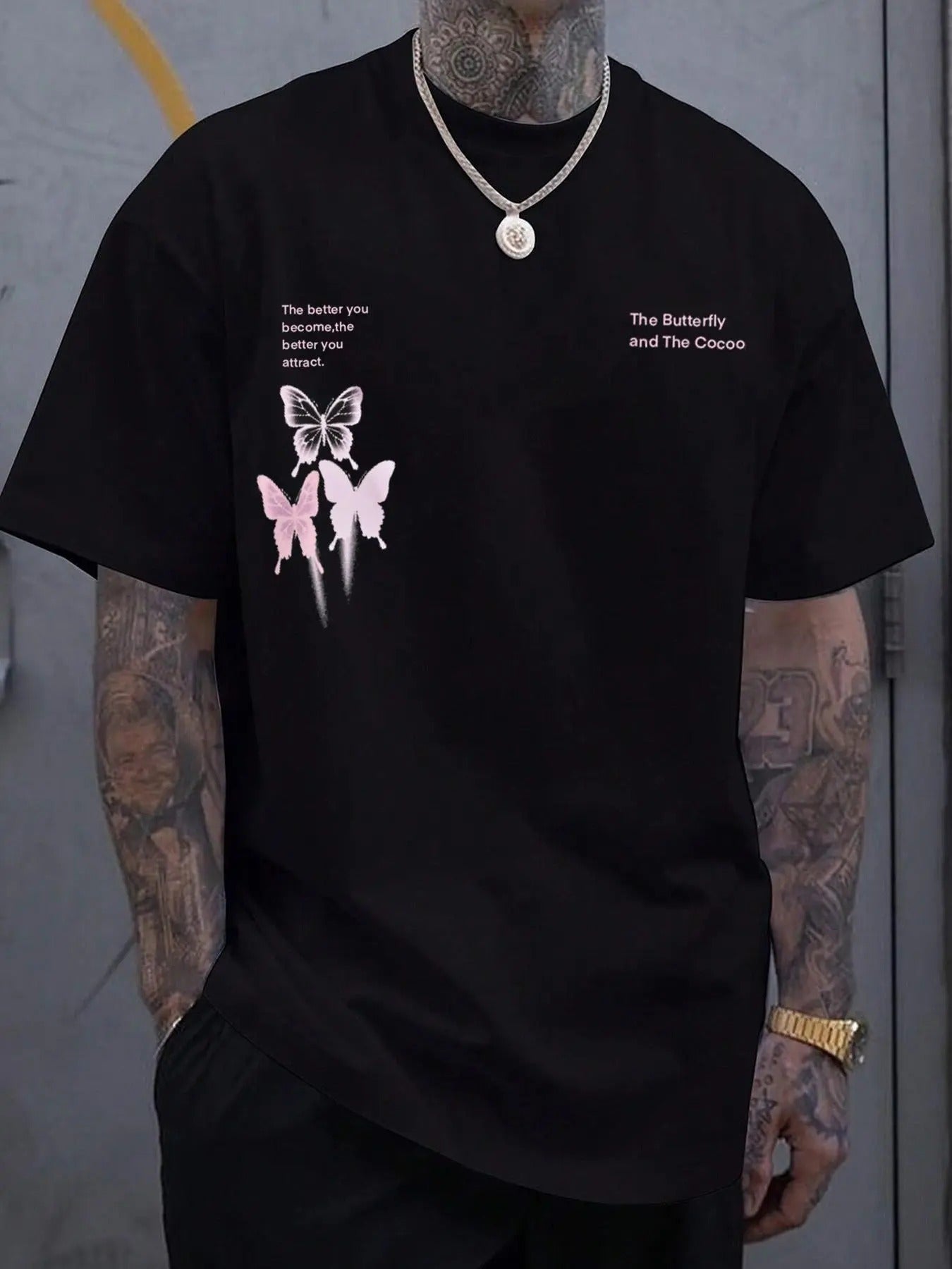 Men's Butterfly & Letter Print Round Neck Tee, Regular Fit Casual Short Sleeve Crew Neck T-Shirt for Summer, Fashion...