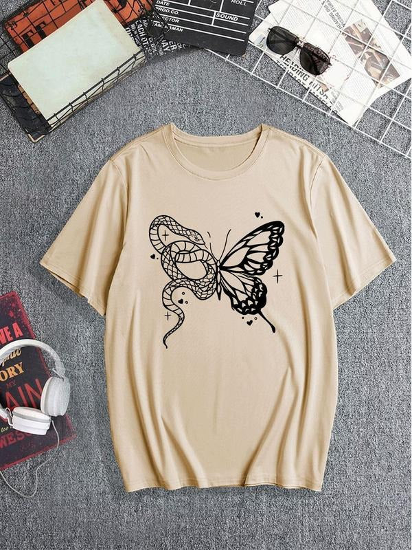 Men's Butterfly & Snake Print Short Sleeve Graphic Tee, Regular Fit Casual Fashion T-shirt for Summer Daily Wear, Men's...