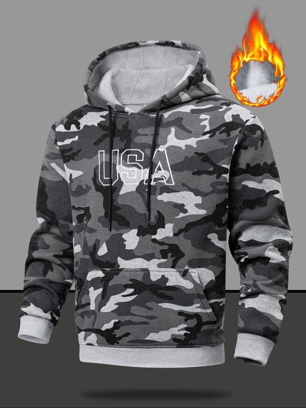 Men's Camo Hoodie Sweatshirt, Embroidered Chest Patch Design, Casual Outdoor Wear Essential, Fall Winter Fashion for Men...