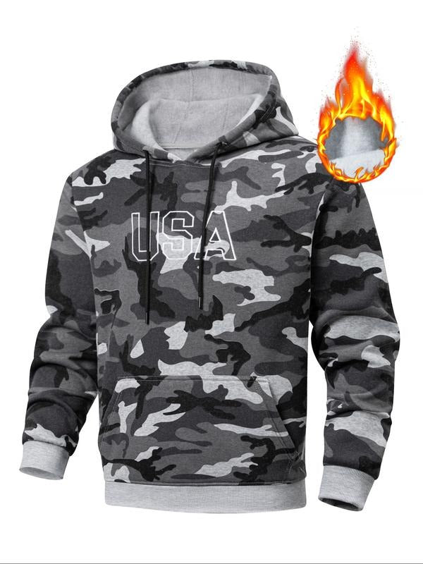 Men's Camo Hoodie Sweatshirt, Embroidered Chest Patch Design, Casual Outdoor Wear Essential, Fall Winter Fashion for Men...