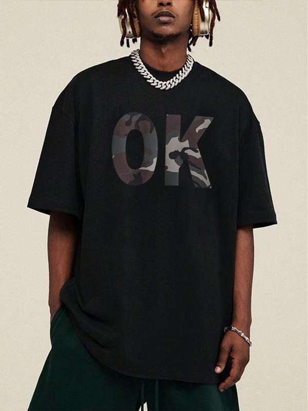 Men's Camo Print & Letter Print Round Neck Graphic Tee, Regular Fit Casual Street Short Sleeve T-shirt for Summer, Men's...