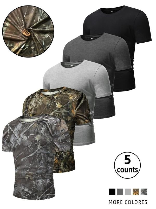 Men's Camo Tree Print & Plain Short Sleeve Tee, Regular Fit Casual Comfy Round Neck T-shirt for Daily Wear, Men's Top for...