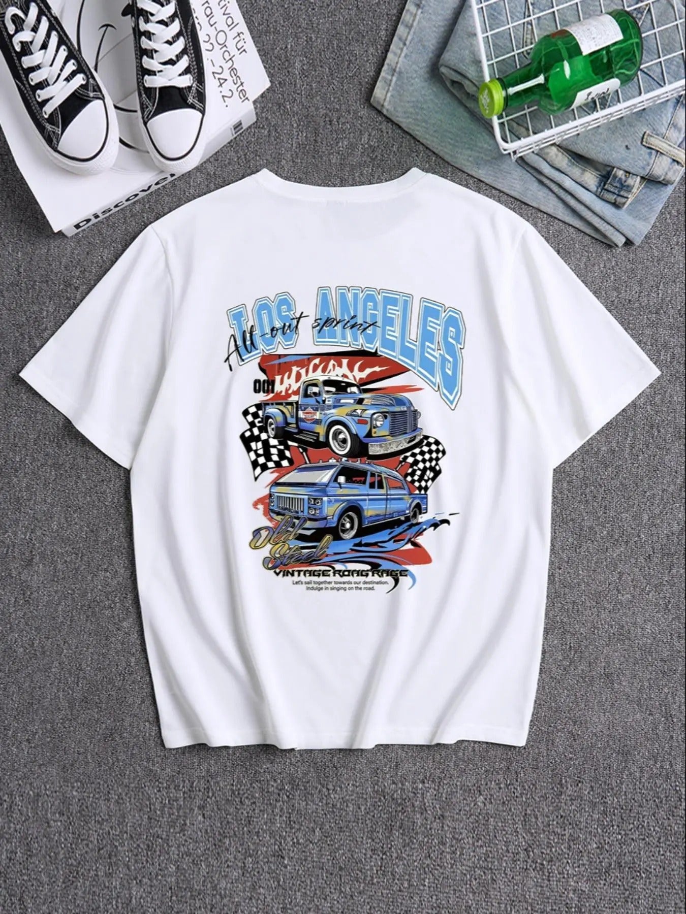 Men's Car & Letter Print Drop Shoulder Tee, Regular Fit Casual Short Sleeve Round Neck T-Shirt for Summer, Men's Top for...