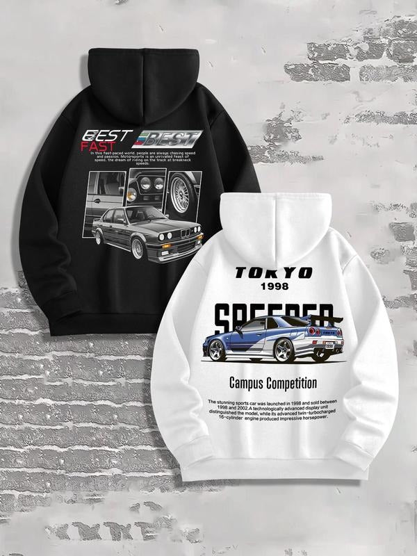 Men's Car & Letter Print Hoodie, Casual Regular Fit Long Sleeve Hooded Sweatshirt for Fall & Winter, Men's Top for Daily...