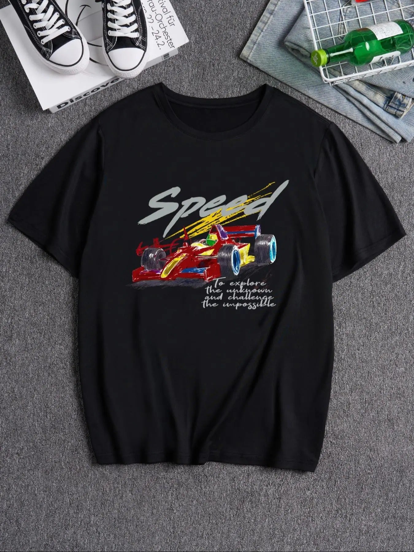 Men's Car & Letter Print Round Neck Tee, Loose Casual Short Sleeve T-shirt for Daily Wear, Men's Top for All Seasons...