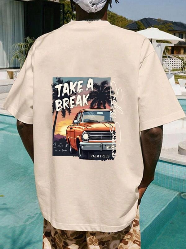 Men's Car & Letter Print Round Neck Tee, Loose Casual Short Sleeve T-shirt for Daily Wear, Men's Top for All Seasons...